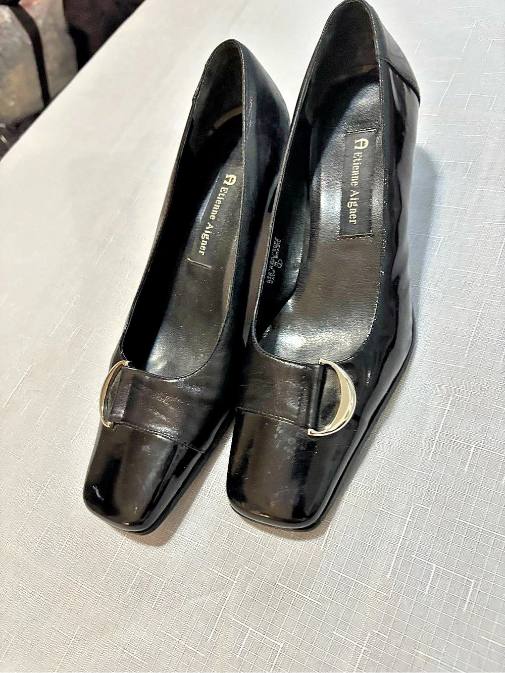 Etienne Aigner Manzoni Black Leather Pumps Square Toe Buckle 8.5 N